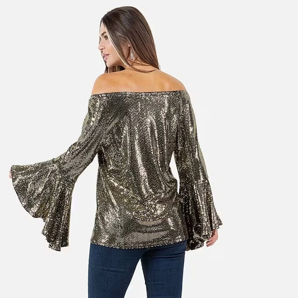 Fever Gold Women's Glitter Dot Symphony Sleeve Top Size M NWT - Picture 2 of 3
